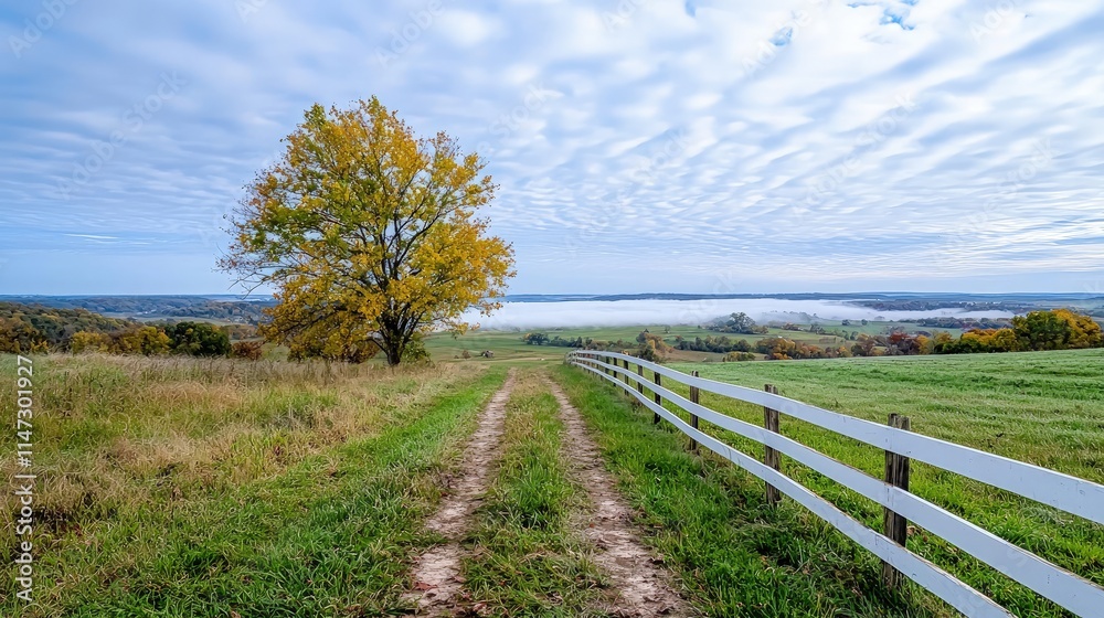 Scenic autumn landscape with a lone tree, dirt road, and white fence overlooking a misty valley. Scenic autumn landscape with a lone tree, dirt road, and white fence overlooking a misty valley.