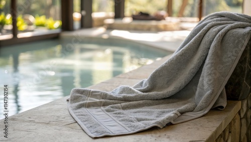 A soft, gray towel rests beside a pool, ready to absorb the water droplets from a refreshing swim.