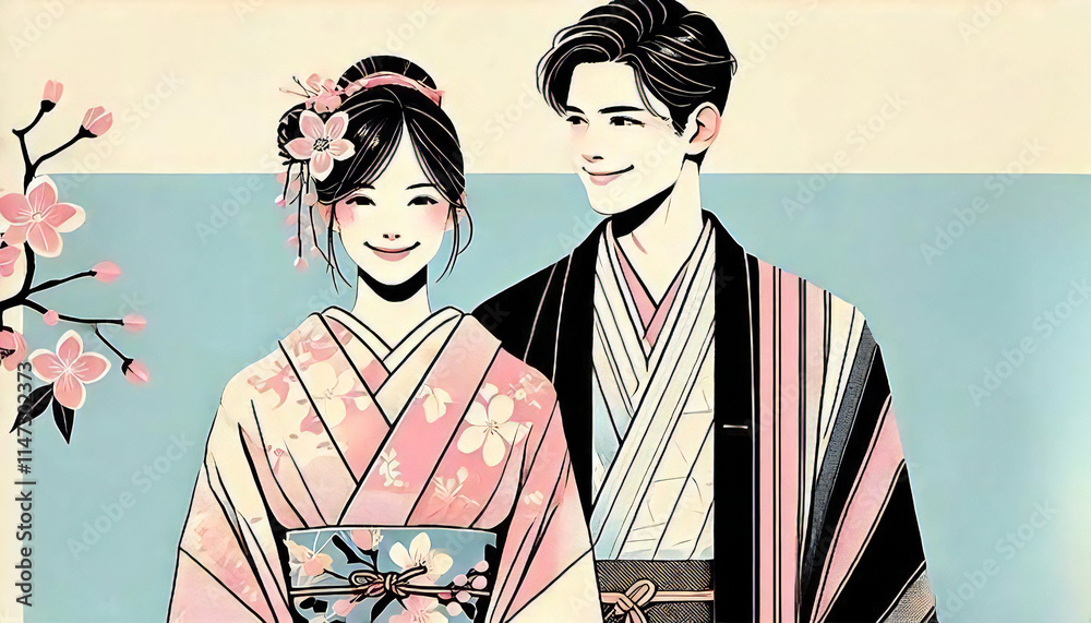 Japanese couple in kimonos celebrating their coming of age together Japanese couple in kimonos celebrating their coming of age together