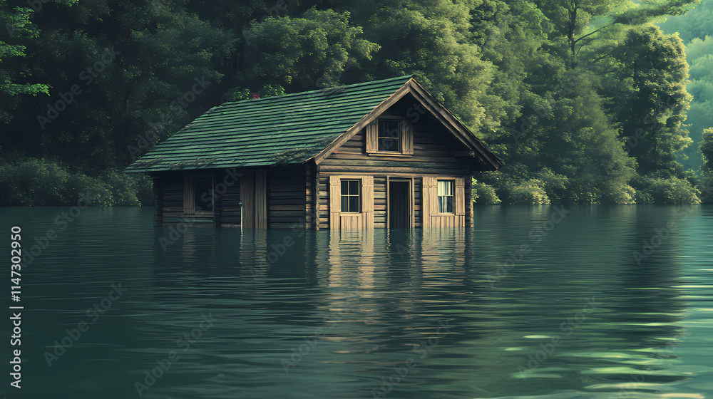 A wooden house partially submerged in the lake , house, nature. Submerged. Illustration A wooden house partially submerged in the lake , house, nature. Submerged. Illustration