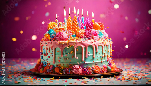 Wallpaper Mural Celebration birthday cake with lots of icing and decorations a colorful party pink background Torontodigital.ca