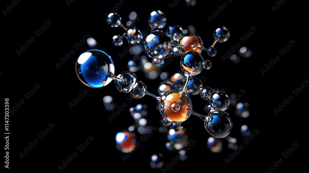 Molecular structures floating in a dark space with reflections and highlights. Molecular structures floating in a dark space with reflections and highlights.