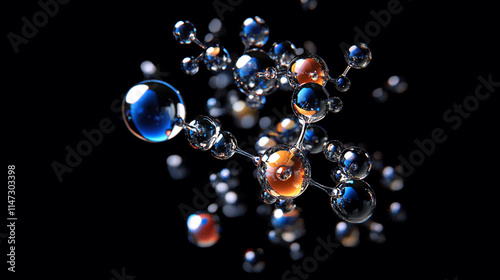Molecular structures floating in a dark space with reflections and highlights.  