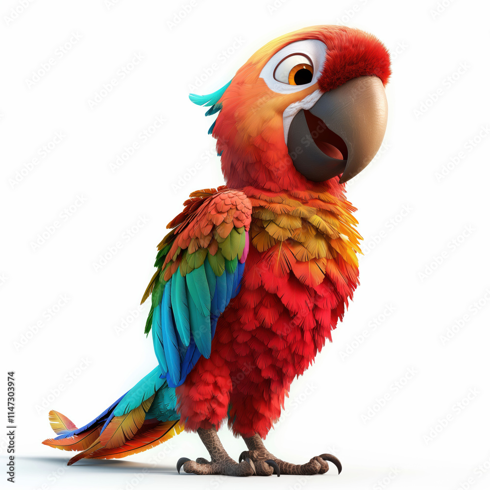 Obraz premium Cheerful 3D parrot with colorful feathers plays on one foot in a whimsical style on a white background