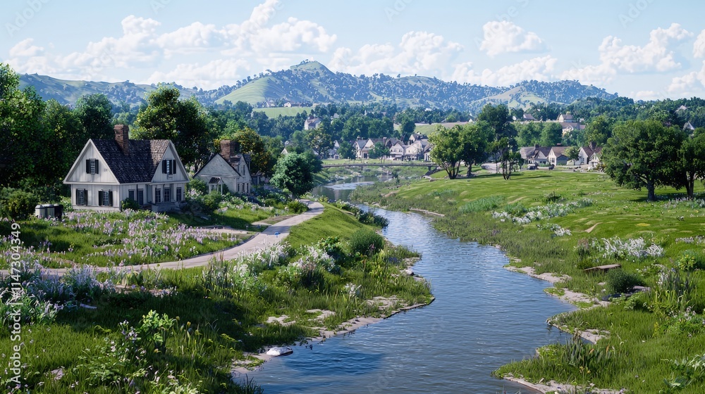 Idyllic rural village scene with river, houses, and rolling hills under a sunny sky. Idyllic rural village scene with river, houses, and rolling hills under a sunny sky.