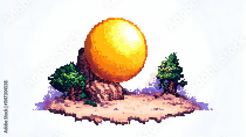 Pixel art sun sphere on island; game asset, website design, background. photo