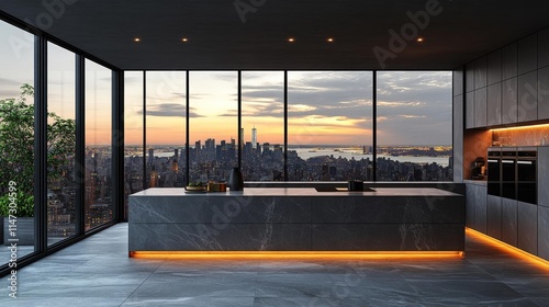 Modern Kitchen Interior with New York City Skyline View. Generative AI photo