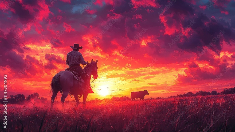 Fototapeta premium Cowboy on Horseback with Dramatic Sunset Sky. Generative AI