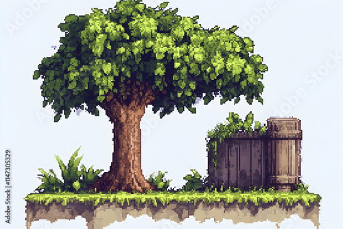 Pixel art tree, barrel, foliage, game asset, fantasy background. photo