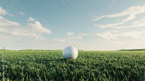 A 3D-rendered golf ball sitting perfectly centered on rich green grass, with a clear sky and soft horizon in the background, suitable for promotional banners.