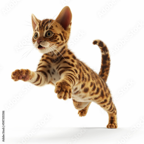 Playful 3D Bengal cat jumping joyfully on a bright white background in an animated style