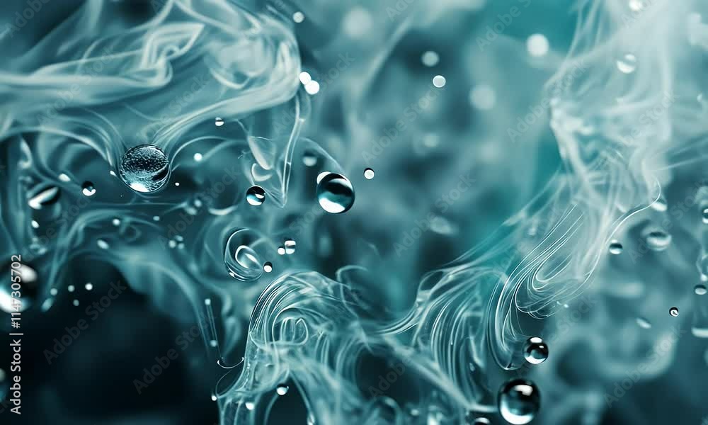 Abstract image of swirling smoke and water droplets in a blue-toned background. Abstract image of swirling smoke and water droplets in a blue-toned background.