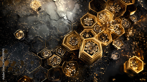 A symphony of gilded hexagons, each a facet of a multifaceted design, creating a captivating mosaic of light and shadow. Gilded. Illustration