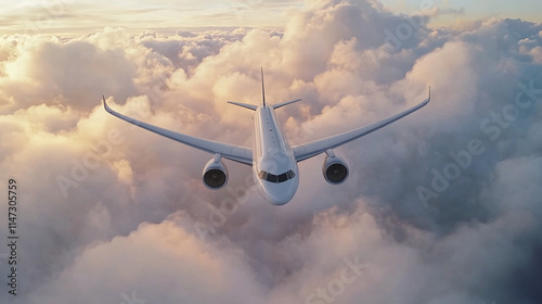 rplane flying above clouds during sunset with vibrant sky colors.   photo