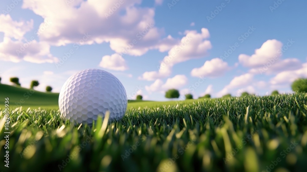 A close-up 3D view of a textured golf ball sitting on perfectly manicured green grass under a bright, cloudless sky, ideal for a professional banner. A close-up 3D view of a textured golf ball sitting on perfectly manicured green grass under a bright, cloudless sky, ideal for a professional banner.