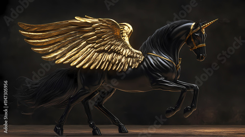 Black horse statue, gilded wings, elegant design. Gilded. Illustration