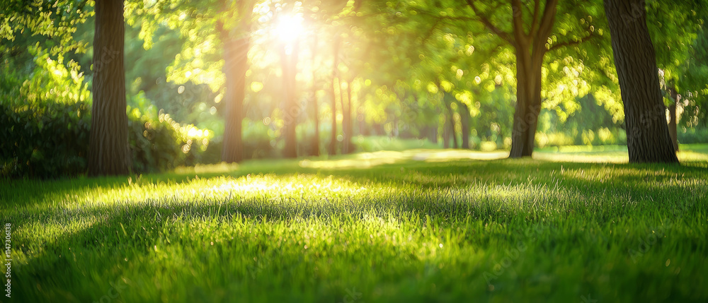 A serene forest scene with tall trees and sunlight filtering through the leaves, generative AI A serene forest scene with tall trees and sunlight filtering through the leaves, generative AI