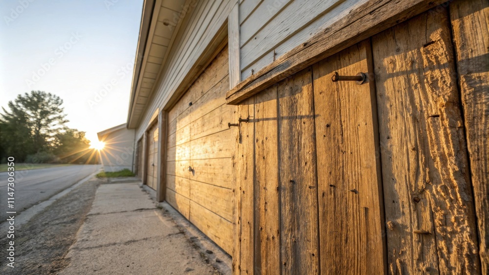 A row of weathered wooden garage doors bathed in the warm glow of a setting sun, casting long shadows on the concrete path A row of weathered wooden garage doors bathed in the warm glow of a setting sun, casting long shadows on the concrete path