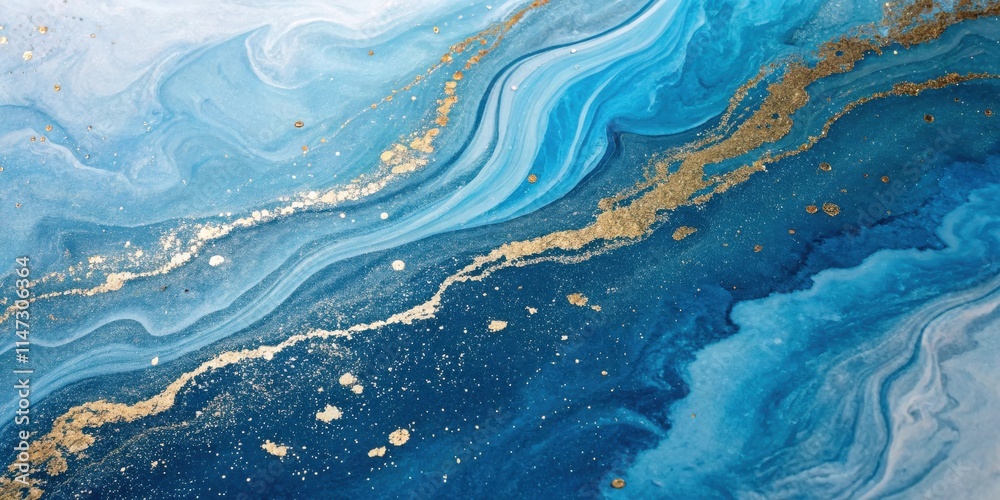 Fototapeta premium Abstract Liquid Art Featuring Swirling Blue and White Hues with Glittering Gold Accents