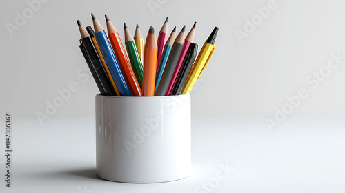 A white bowl with a bunch of colored pencils in it photo