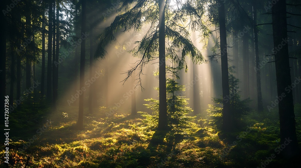 Naklejka premium Sunlight beams through a misty forest. Concept of nature, serenity, and tranquility.