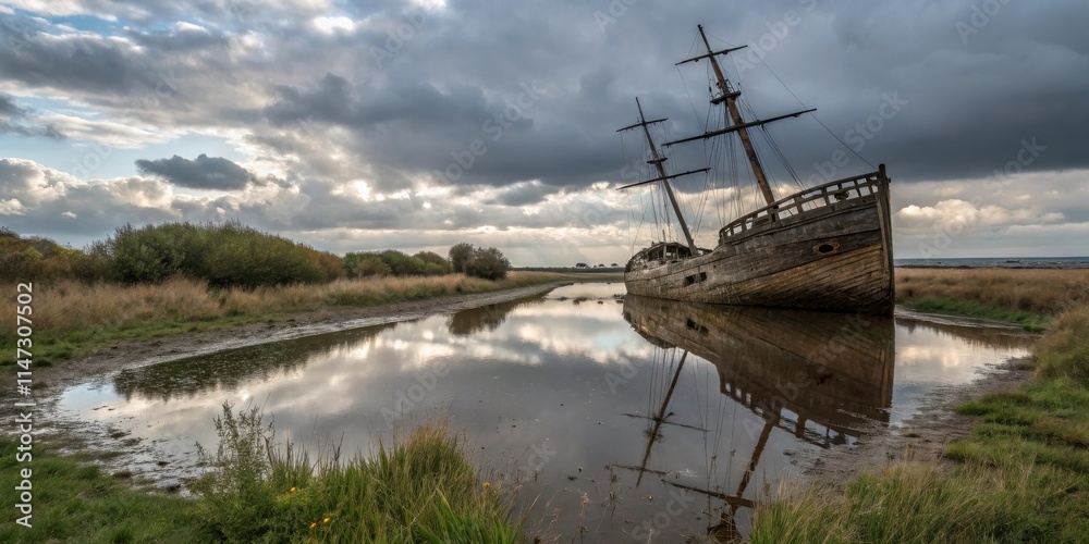 A weathered wooden shipwreck rests partially submerged in a shallow body of water, its reflection mirroring the cloudy sky above. A weathered wooden shipwreck rests partially submerged in a shallow body of water, its reflection mirroring the cloudy sky above.