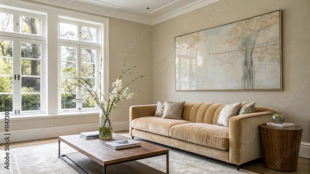 Modern living room with large windows, a tan sofa, and a large painting depicting a tree