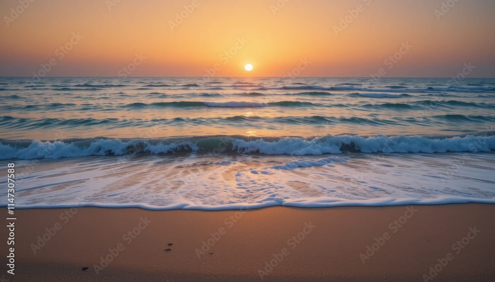 Obraz premium A serene sunset over gentle waves lapping at a sandy beach, evoking tranquility and beauty.