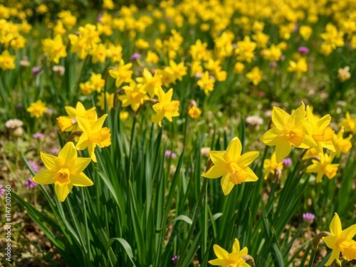 Beautiful daffodil flowers blooming in a sunlit field with lush greenery, daffodil, meadow