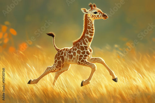 A baby giraffe awkwardly attempting its first steps, its long legs wobbling adorably photo