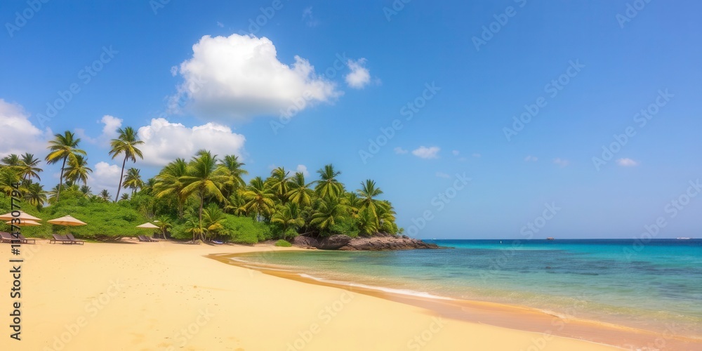 Beautiful tropical beach with golden sand, crystal clear turquoise water, colorful umbrellas, and palm trees swaying in the gentle breeze, golden sand, relaxation, beach Beautiful tropical beach with golden sand, crystal clear turquoise water, colorful umbrellas, and palm trees swaying in the gentle breeze, golden sand, relaxation, beach