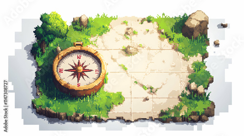 Treasure Map Compass Adventure Game Pixel Art Design. photo