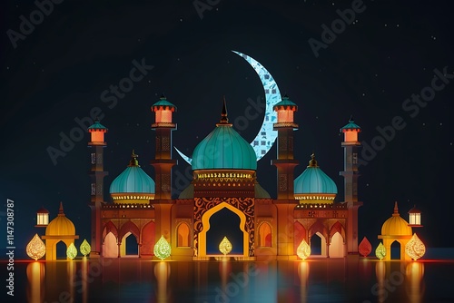 a nighttime scene with a crescent moon in the sky, illuminated lanterns, and minarets, suggesting a location with Islamic architecture and possibly celebrating a festival like Ramadan. photo