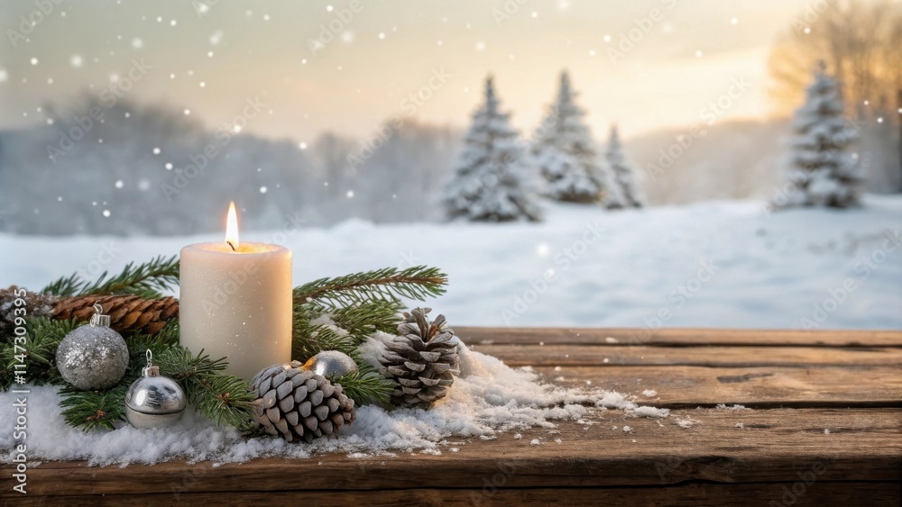A glowing candle nestled in a snowy winter landscape, surrounded by pine branches and ornaments, on a rustic wooden table.