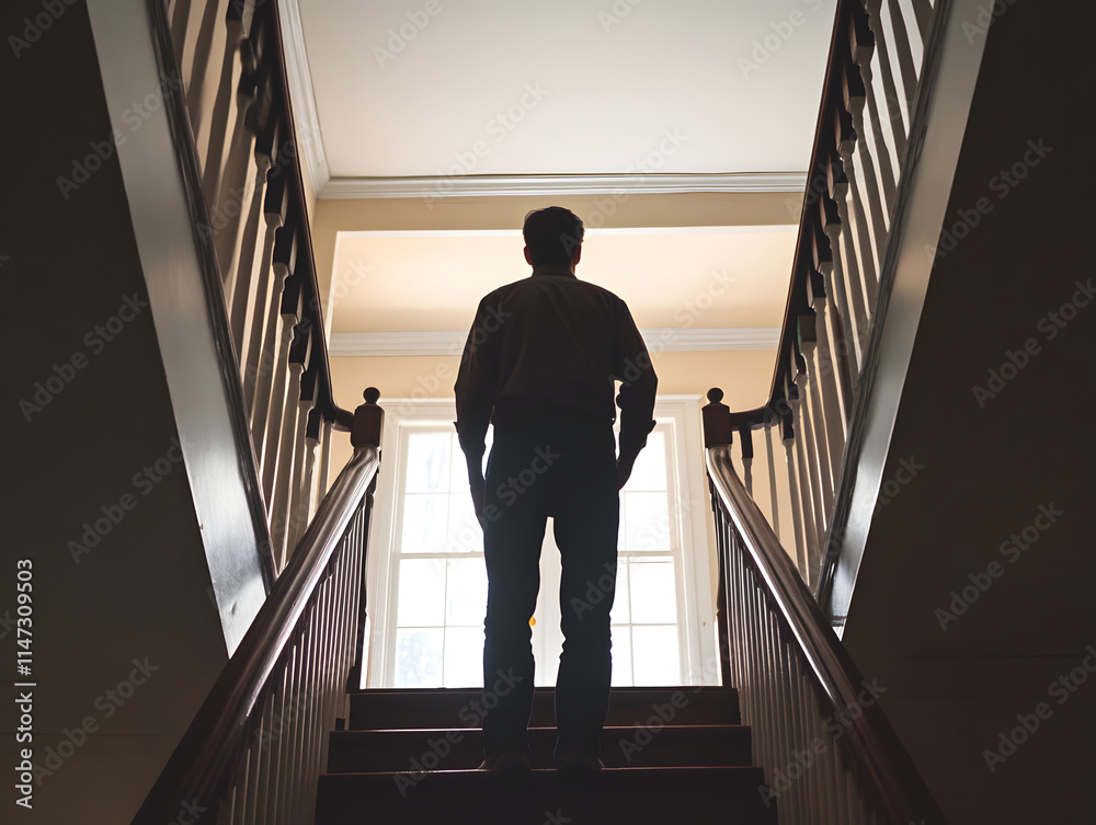 Silhouetted Man on Wooden Staircase Silhouetted Man on Wooden Staircase
