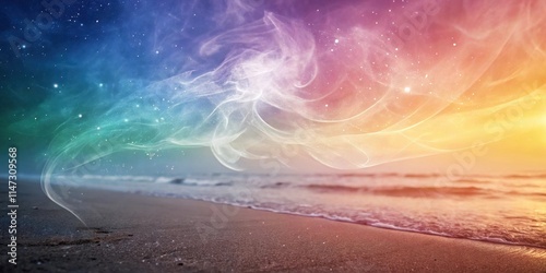 A Vibrant Cosmic Sky Meets the Tranquil Shoreline, Where Swirling Nebulae Paint a Dreamlike Landscape