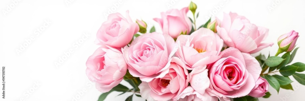 Fresh bunch of pink peonies and roses with copy space on white background, fresh, pink, flora Fresh bunch of pink peonies and roses with copy space on white background, fresh, pink, flora