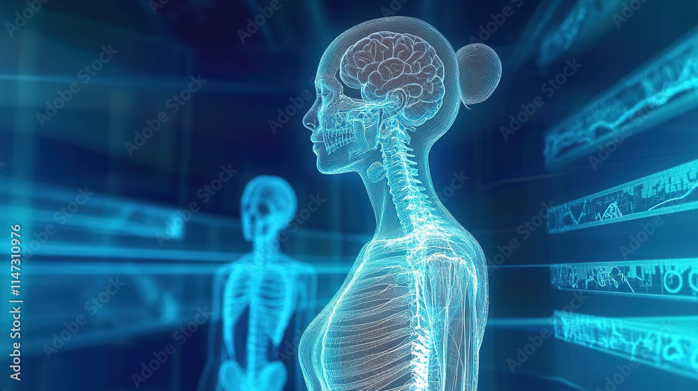 Translucent female human body, bone and nervous system graphics in holographic image Translucent female human body, bone and nervous system graphics in holographic image