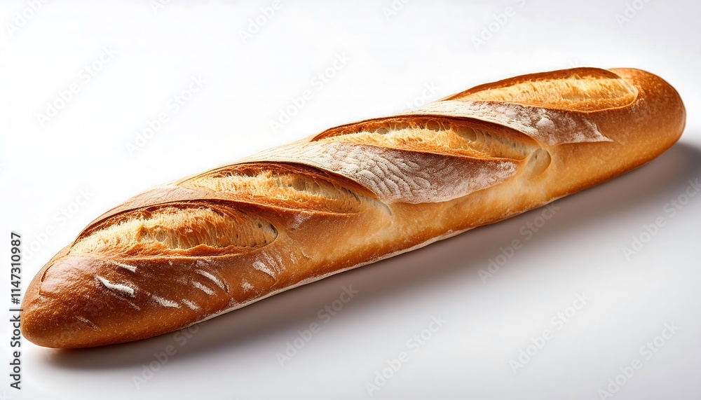 A single baguette lies diagonally across a plain white background. A single baguette lies diagonally across a plain white background.