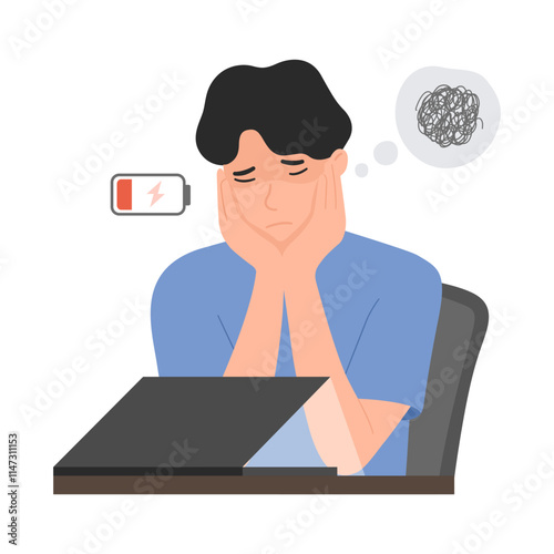 Vector illustration of man feeling burned out. Overworked employee feeling exhausted, tired sitting bored. Lonely adult with empty battery.