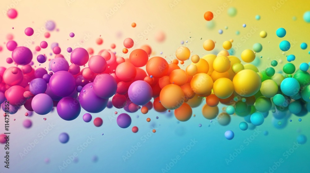 Bright and cheerful rainbow gradient spheres in different sizes, floating softly in an abstract, playful design for party decoration Bright and cheerful rainbow gradient spheres in different sizes, floating softly in an abstract, playful design for party decoration
