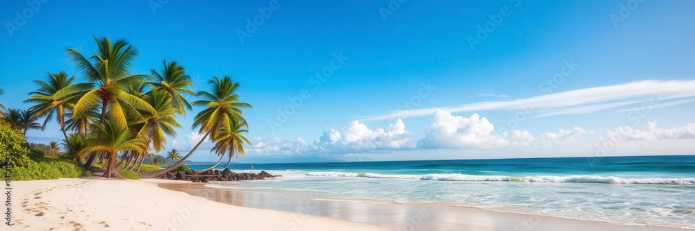 Lush palm trees sway in the gentle ocean breeze on a pristine sandy beach with crystal clear blue waters, beach, ocean Lush palm trees sway in the gentle ocean breeze on a pristine sandy beach with crystal clear blue waters, beach, ocean