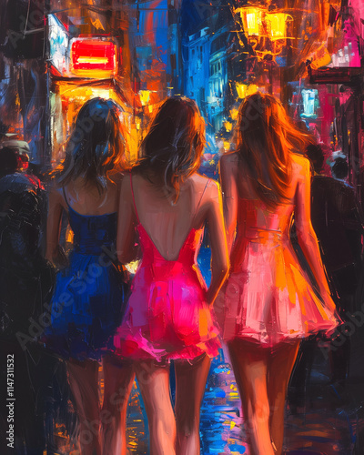 Fashion Girls in Pretty Dresses Walking Outside Generated with AI.