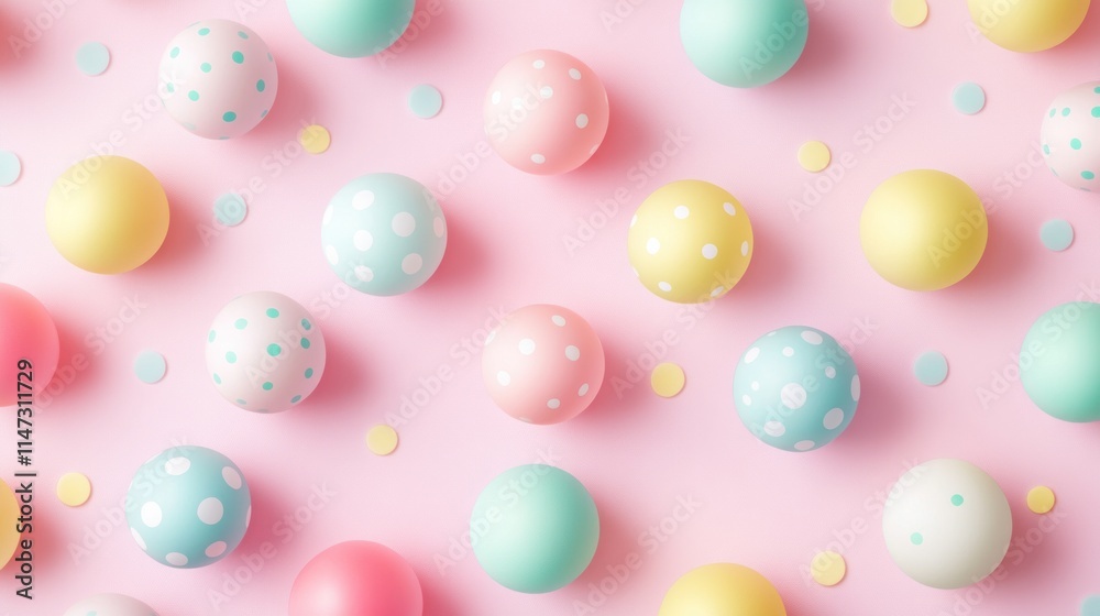 Bright pastel-colored balls in a top-view arrangement, creating a soft and colorful background for kids' zones or birthday celebrations Bright pastel-colored balls in a top-view arrangement, creating a soft and colorful background for kids' zones or birthday celebrations