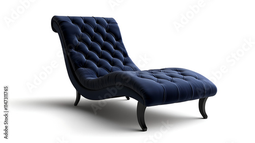 A blue velvet chaise lounge is sitting on a white background photo