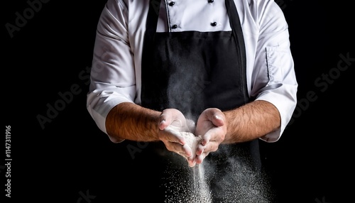 Chef with floury hands, black apron, white shirt, posed, focused, culinary, professional attire.