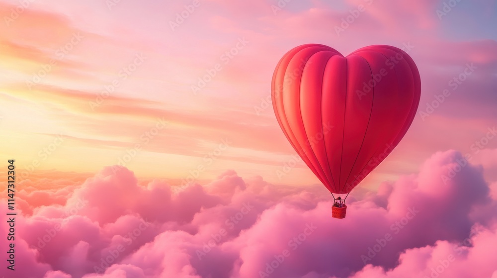 Obraz premium A vibrant heart-shaped hot air balloon floats above fluffy clouds during a colorful sunset, creating a romantic and dreamy atmosphere.