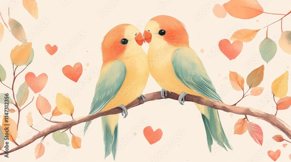Two Lovebirds Perched Tenderly on a Branch Amongst Hearts and Leaves Two Lovebirds Perched Tenderly on a Branch Amongst Hearts and Leaves