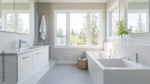 Minimalist bathroom with white and warm grey fixtures. Featuring a clean  bright design with minimal decoration