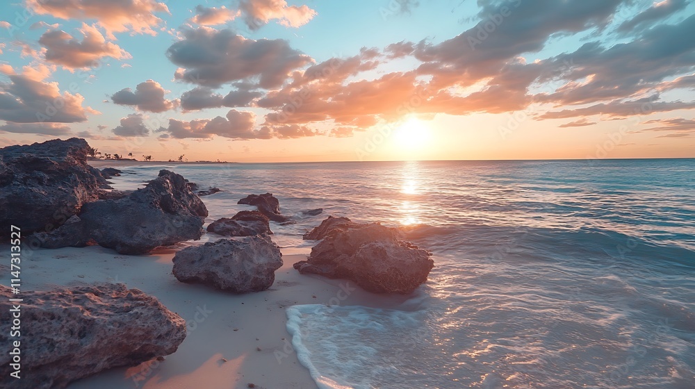 Sunset Beach Scene with Rocks. Tropical Paradise, Coastal Beauty, Relaxation. Sunset Beach Scene with Rocks. Tropical Paradise, Coastal Beauty, Relaxation.